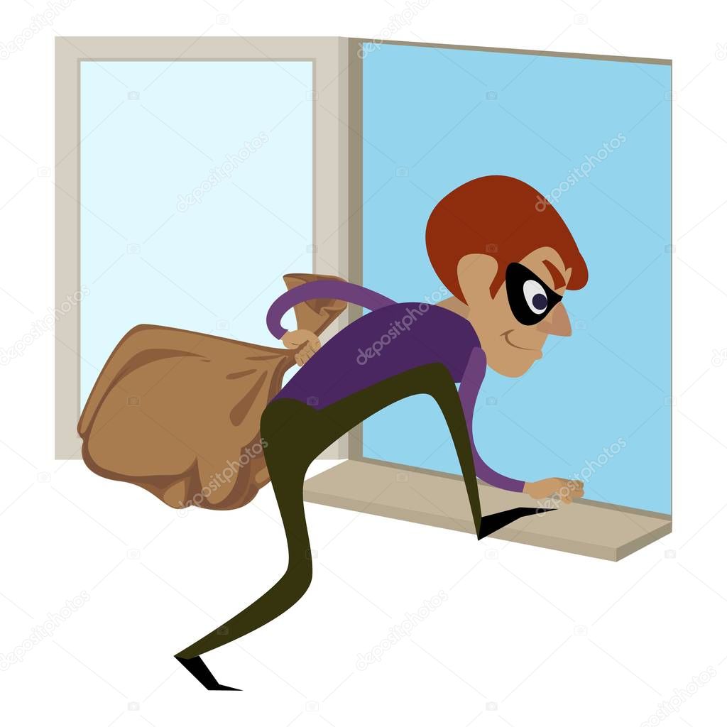 Burglar through window icon, cartoon style