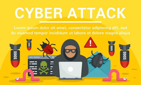 Hacker cyberaanval concept banner, platte stijl — Stockvector