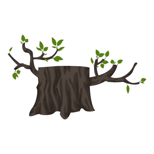 Pahýl stromu s ikonou zelených listů, kreslený styl — Stockový vektor