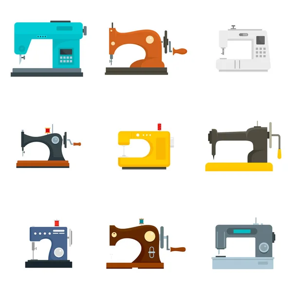 Juego de iconos de máquina de coser, estilo plano — Vector de stock