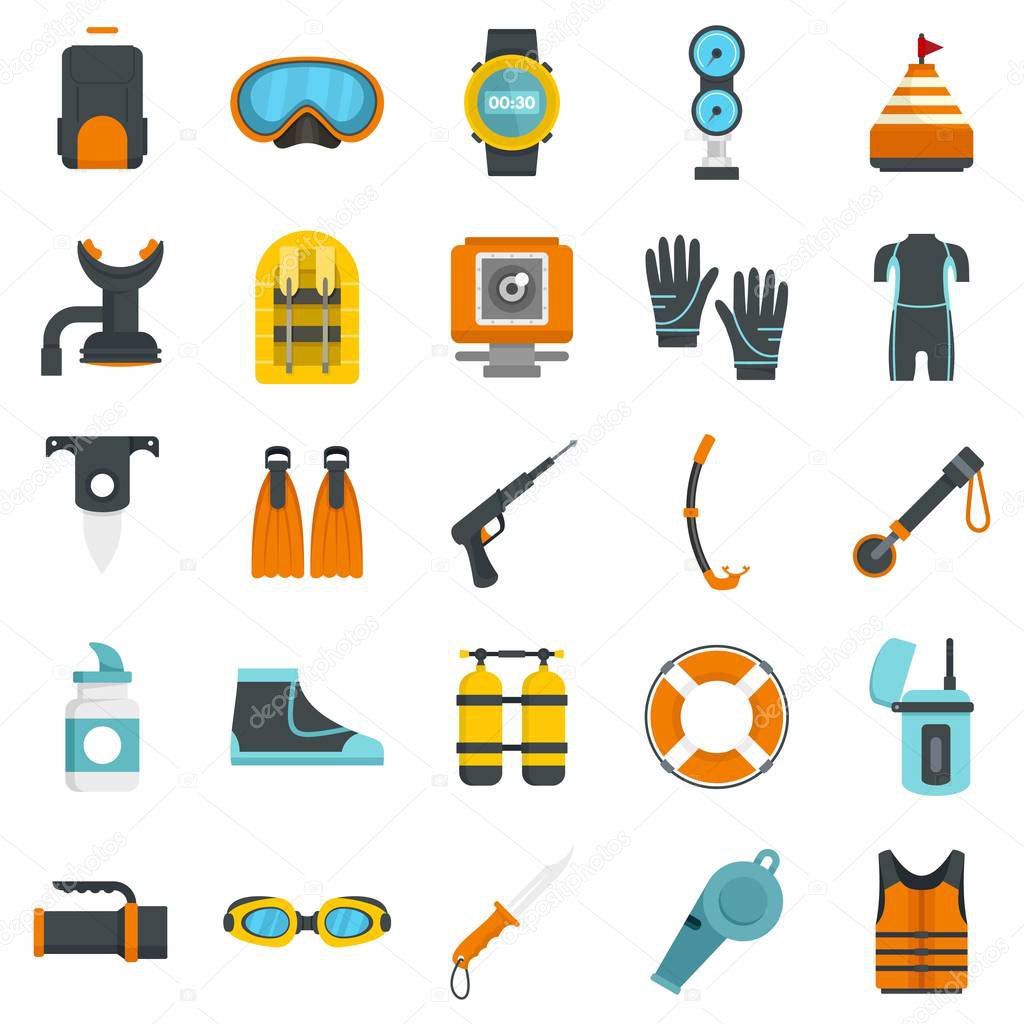 Snorkeling equipment icon set, flat style