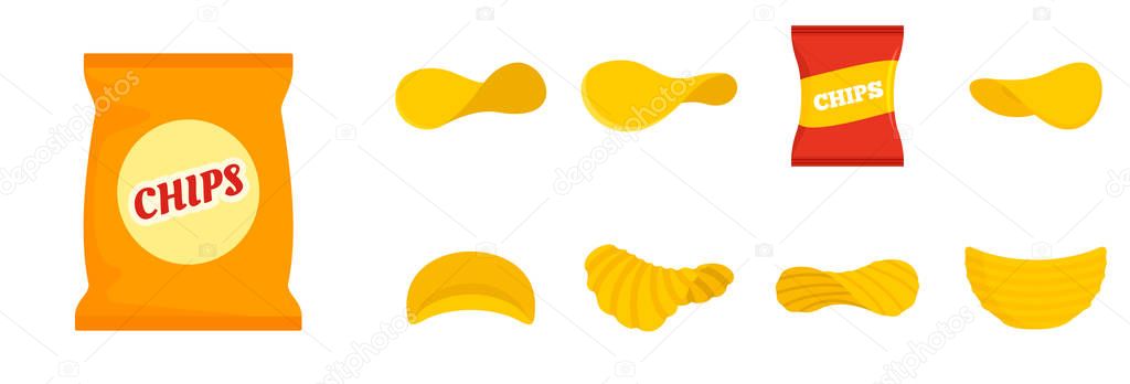 Chips potato icon set, flat style