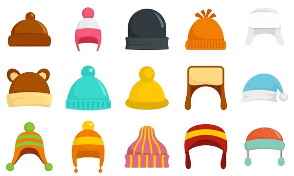 Winter Headwear Icon Set, flacher Stil — Stockvektor