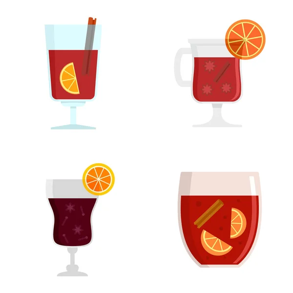 Mulled wine icon set, flat style — Stock Vector