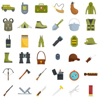 Hunting equipment icons set, flat style clipart