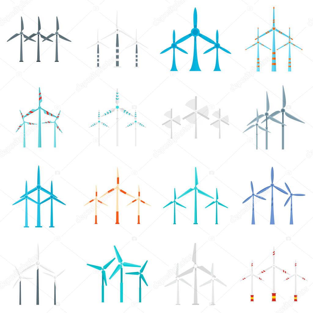 Wind turbine icons set, flat style