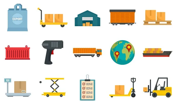 Conjunto de iconos de exportación de mercancías, estilo plano — Vector de stock