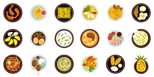 Thai food icons set, flat style - Stok Vektor