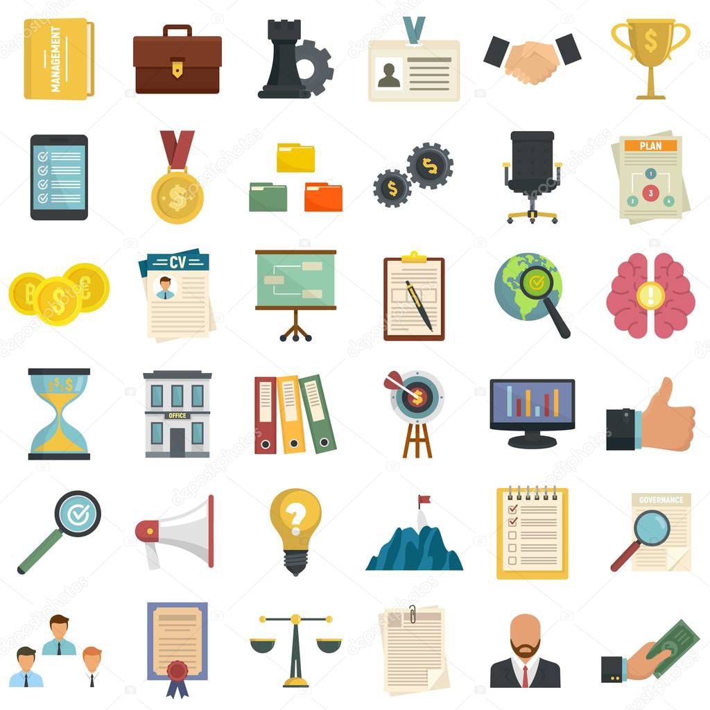 Corporate governance icons set, flat style