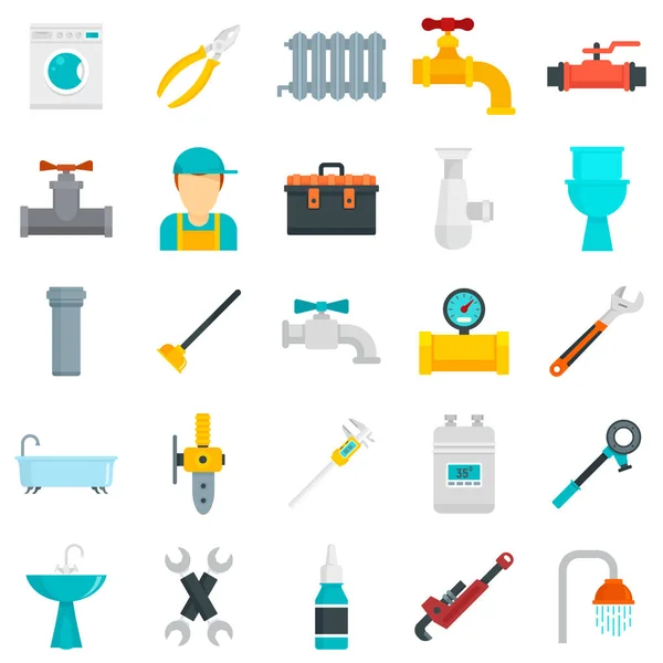 Loodgieter iconen set, vlakke stijl — Stockvector