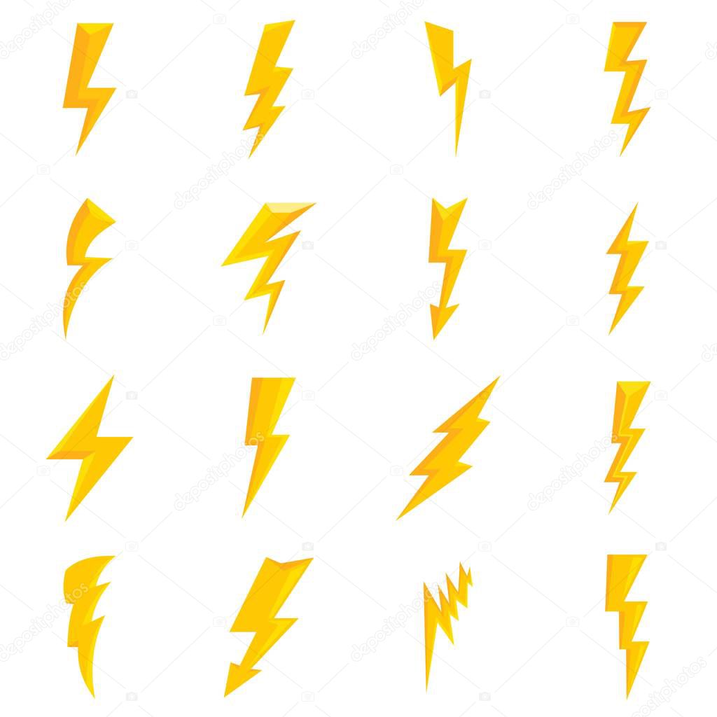 Lightning bolt icons set, flat style