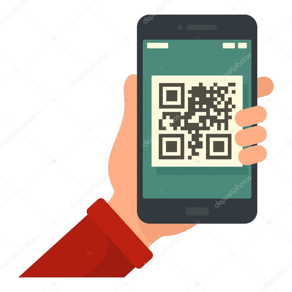 Smartphone qr code in hand icon, flat style