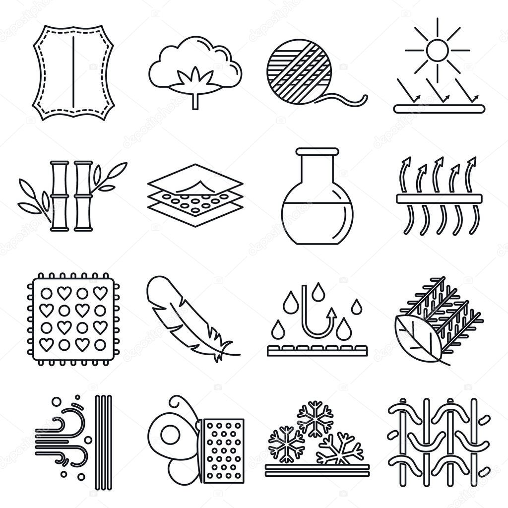 Fabric feature breathable icons set, outline style