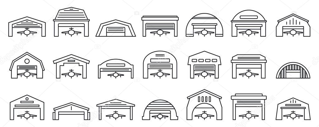 Airport hangar icons set, outline style