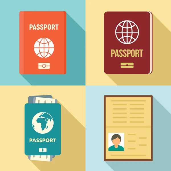Zestaw ikon paszportowych, płaski styl — Wektor stockowy