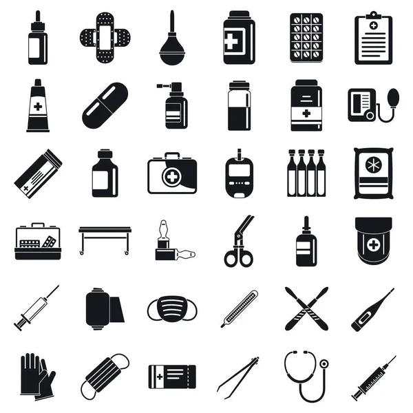Första medicinsk hjälp kit ikoner set, enkel stil — Stock vektor