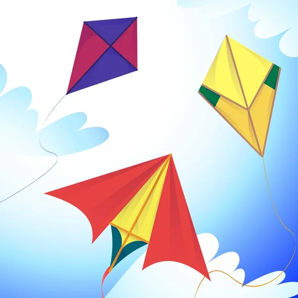 Flying kites in the sky concept background, cartoon style