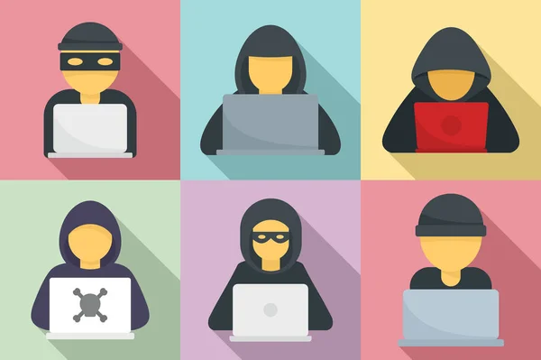 Hacker-Icons gesetzt, flacher Stil — Stockvektor