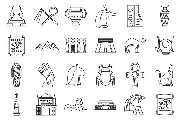 Egypt travel icons set, outline style