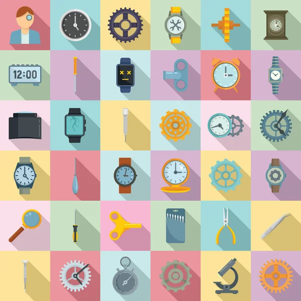 Conjunto de iconos de reparación de reloj, estilo plano — Vector de stock