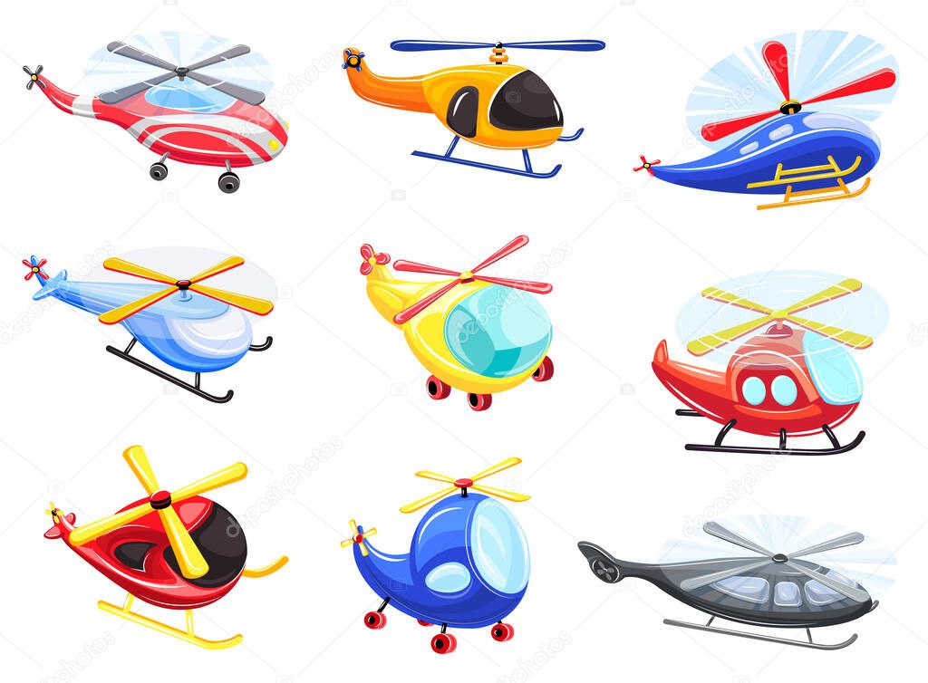 Helicopter icons set, cartoon style