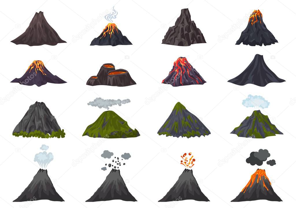 Volcano icons set. Cartoon set of volcano vector icons for web design