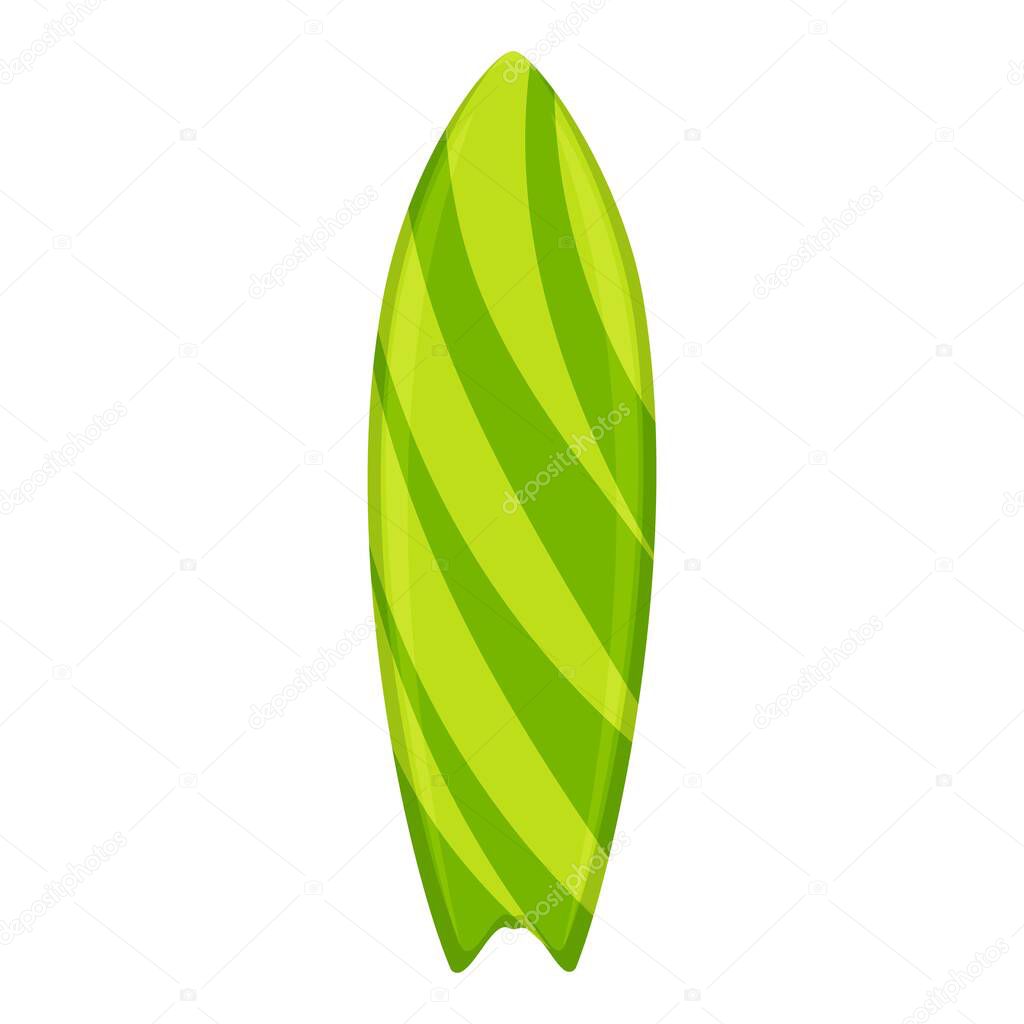Green striped surfboard icon, cartoon style
