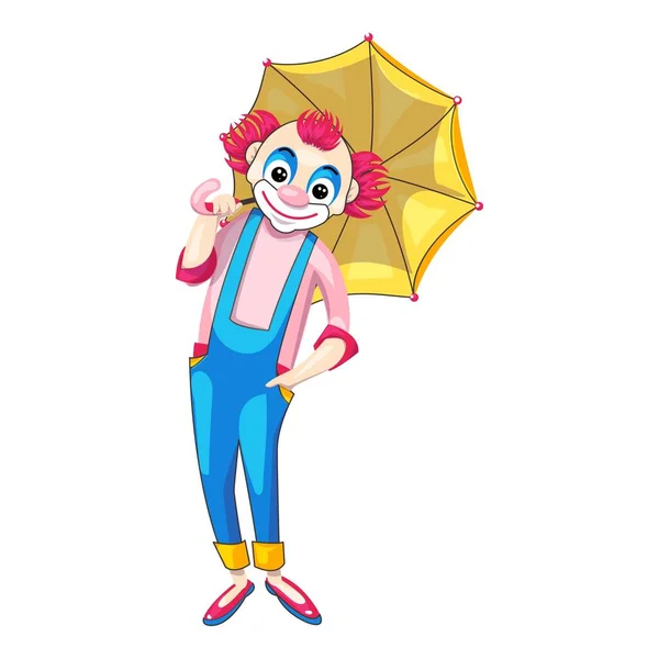 Clown carino con ombrello icona, stile cartone animato — Vettoriale Stock