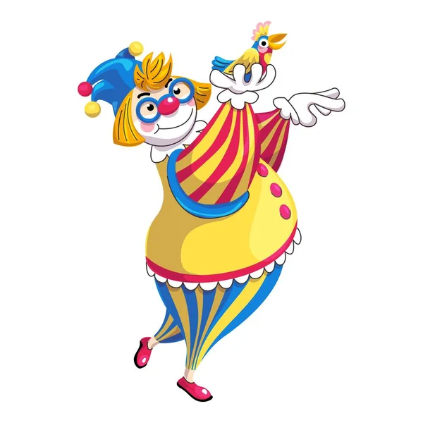 Payaso con icono de loro colorido, estilo de dibujos animados — Vector de stock