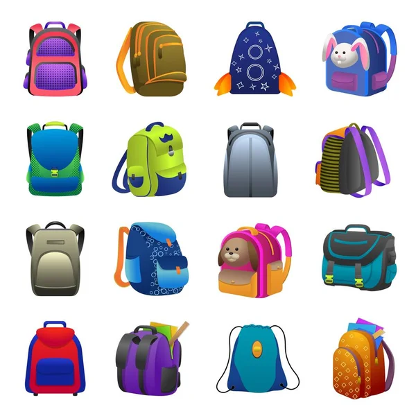 Conjunto de iconos de mochila, estilo de dibujos animados — Vector de stock