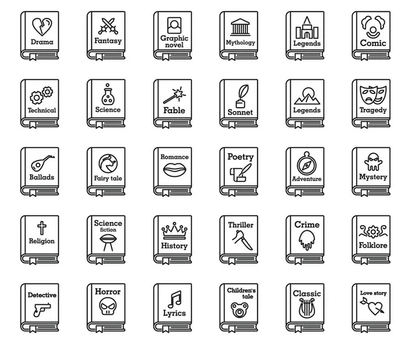 Genres littéraires livre icônes ensemble, style contour — Image vectorielle