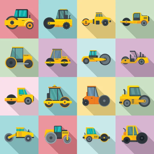 Road Roller Icons Set, flacher Stil — Stockvektor