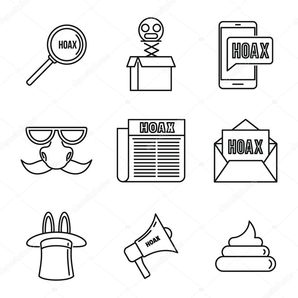 Hoax fake icons set, outline style