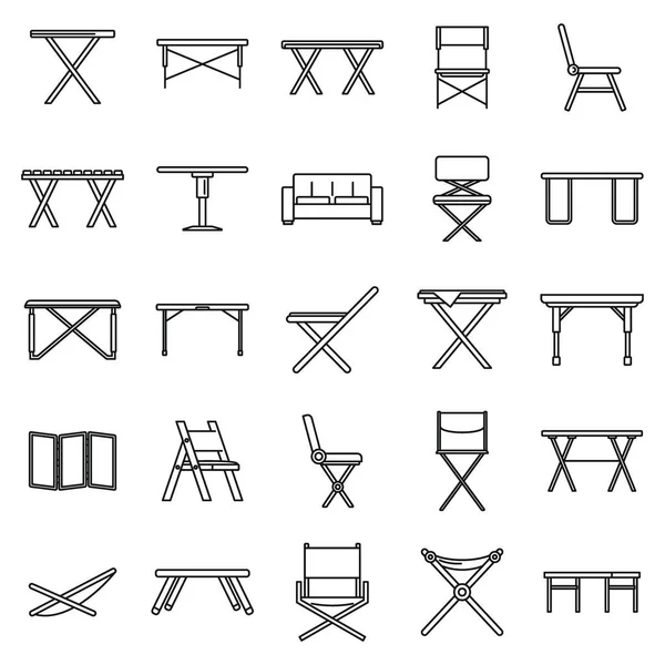 Picknick opvouwbare meubels iconen set, omtrek stijl — Stockvector