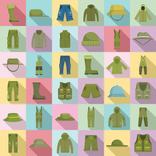 Yrkesfiskare kläder ikoner set, platt stil — Stock vektor