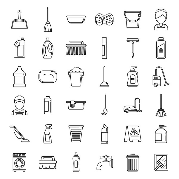 Reinigungsdienstleistungen Ausrüstung Symbole setzen, umreißen Stil — Stockvektor