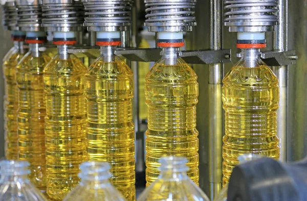 Sunflower oil in the bottle moving on production line in a factory. Filling machine