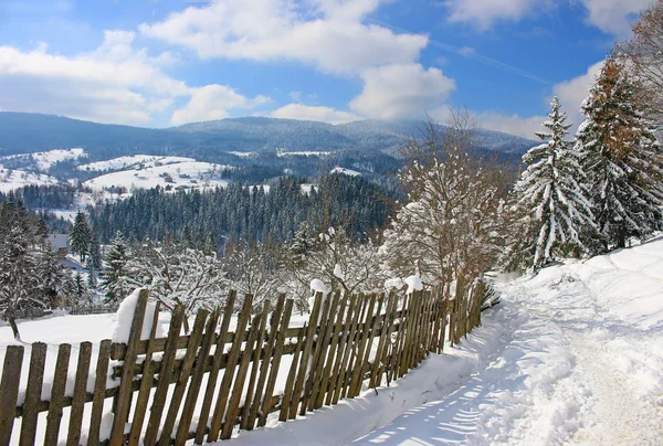 田舎の雪に覆われた山道 雪の木や木製のフェンス 山の谷と森のパノラマビューと冬の風景 — ストック写真