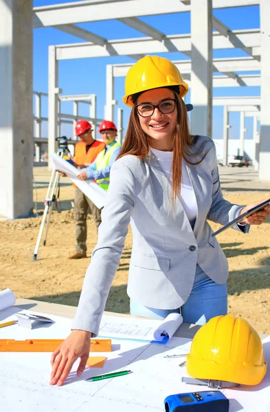 Happy Beautiful Female Architect Construction Site She Smiling Satisfied Her — Stock Photo, Image