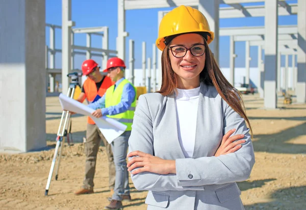 Happy Beautiful Female Architect Construction Site She Smiling Satisfied Her — Stock Photo, Image