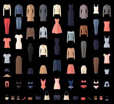 Kadın giysileri Icons Set düz tarzı. Kadınları gardrop koleksiyonu. Elbise, Etek, ceket ve aksesuarlar. Vektör çizim.