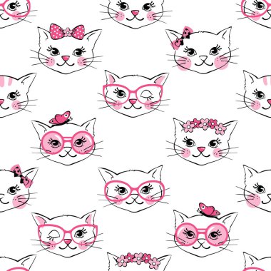 Beyaz arka plan üzerinde izole şirin moda kedi ile Seamless modeli. Tekstil, kumaş, scrapbooking, duvar kağıtları için tasarım öğesi. Vektör çizim.
