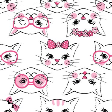 Beyaz arka plan üzerinde izole şirin moda kedi ile Seamless modeli. Tekstil, kumaş, scrapbooking, duvar kağıtları için tasarım öğesi. Vektör çizim.