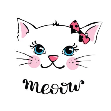 Beyaz arka plan üzerinde izole el çekilmiş şirin kedi. Komik karikatür kedi yavrusu karakter. Tasarım öğesi için T-shirt baskı, tekstil, kumaş, vektör çizim.