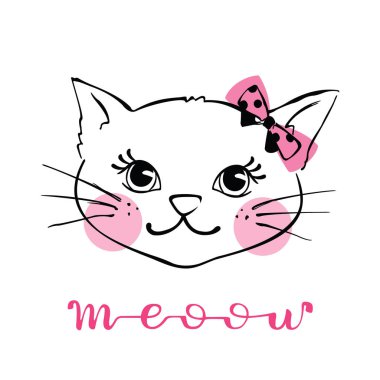 Beyaz arka plan üzerinde izole el çekilmiş şirin kedi. Komik karikatür kedi yavrusu karakter. Tasarım öğesi için T-shirt baskı, tekstil, kumaş, vektör çizim.