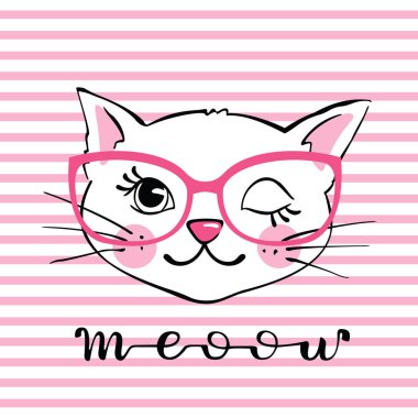Elle çizilmiş şirin kedi beyaz arka plan üzerinde izole gözlüklü. Komik karikatür kedi yavrusu karakter. Tasarım öğesi için T-shirt baskı, tekstil, kumaş. Vektör çizim.