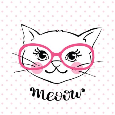 Elle çizilmiş moda şirin kedi beyaz arka plan üzerinde izole gözlüklü. Komik karikatür kedi yavrusu karakter. Tasarım öğesi için T-shirt baskı, tekstil, kumaş. Vektör çizim.