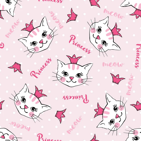 Seamless Pattern Cute Cats Princess Crowns Isolated White Background Design — Stock Vector