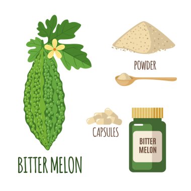 Acı kavun kümesiyle toz ve kapsüller içinde..... düz stil beyaz arka plan üzerinde izole. Organik sağlıklı gıda. Şifalı meyve toplama. Ayurveda bitki. Vektör çizim.