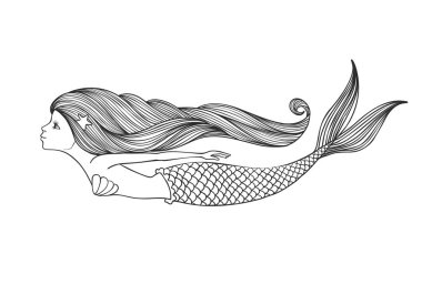 Elle çizilmiş doğrusal sevimli kız boyama kitabı için deniz kızı beyaz arka plan üzerinde izole. Çizim kontur boyama. Vektör çizim.